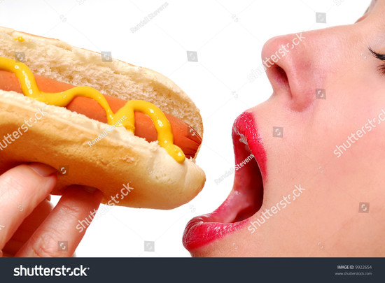 Close-Up Female Lips With Red Lipstick And Hot Dog With ...
