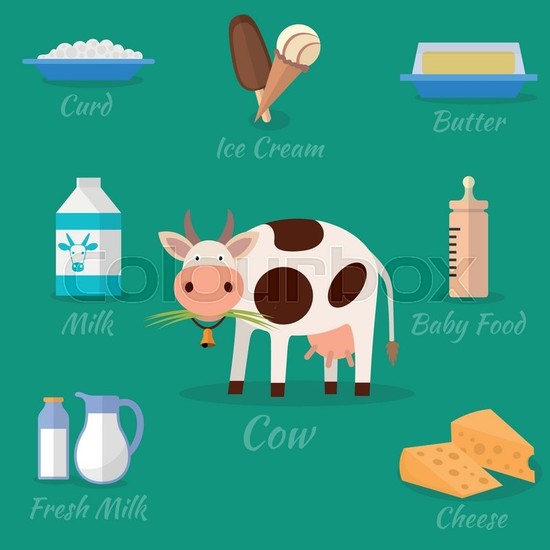 Cow and milk products icons. Food and drink, cheese ...