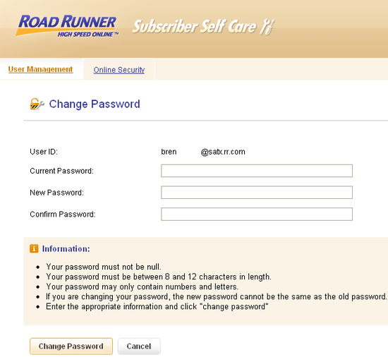How to change road runner email account password