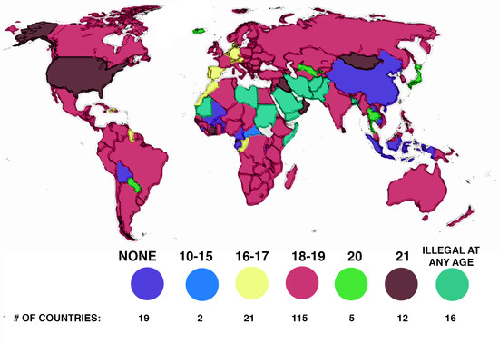 В какой стране возраст согласия. Карта возраста согласия. Карта возраста согласия в мире. Возраст совершеннолетия по странам.