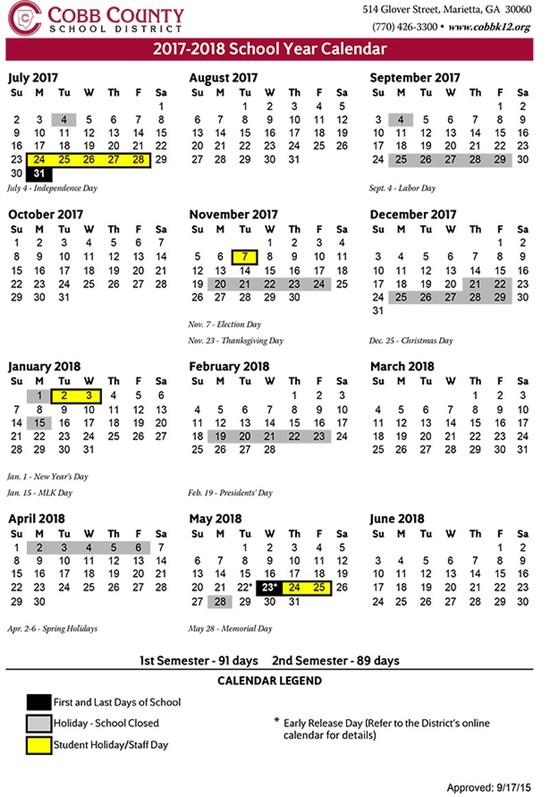 Cobb County Schools 2017-18 calendar