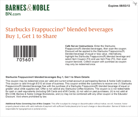 Starbucks Coupon for Barnes & Noble | B1G1 FREE Frappuccino