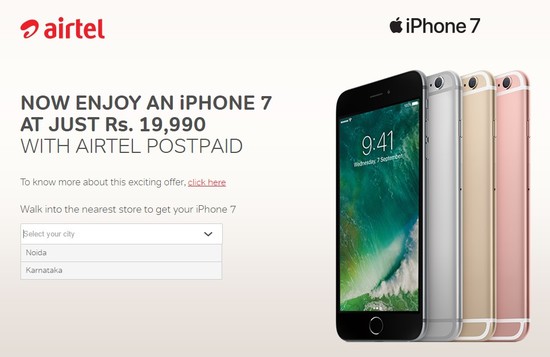iPhone 7 from Rs. 19, 990 onwards; offer by Airtel (T&C Apply)