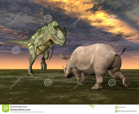 Dinosaur Yangchuanosaurus With Rhinoceros Stock Photos ...
