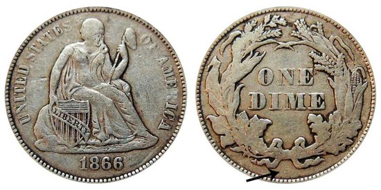 1866 S Seated Liberty Dimes: Value and Prices